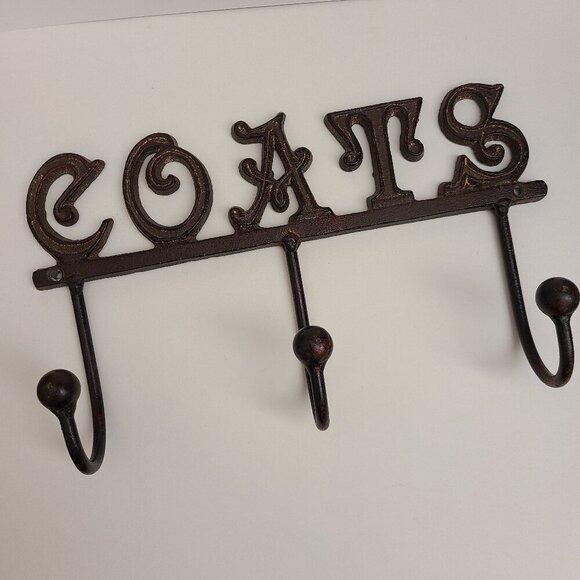 Vintage Cast Iron COATS Brown Wall Hanging 3 Hooks - Picture 1 of 10